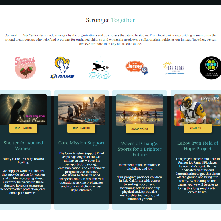 Baja Angels website section showing partner logos and four featured programs: Shelter for Abused Women, Core Mission Support, Waves of Change sports program, and LeRoy Irvin Field of Hope