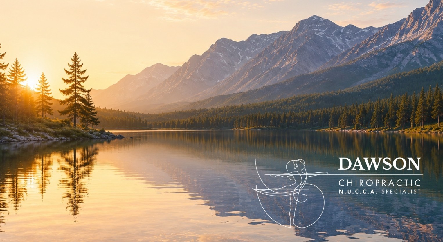 Peaceful mountain lake at sunrise with Dawson Chiropractic NUCCA Specialist logo.