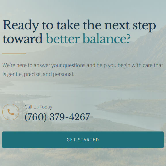 Dawson Chiropractic call-to-action graphic with mountain lake background and phone number for getting started.