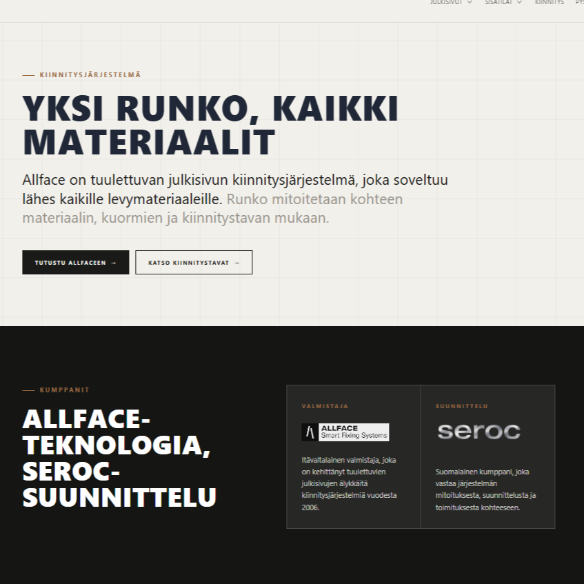 Seroc website section on the Allface facade fixing system, showing manufacturer and design partner information