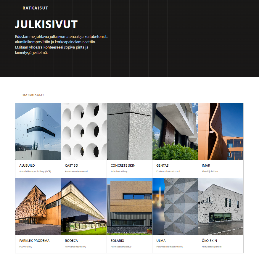 Seroc facade materials page showing ten material types including Alubuild, Cast 3D, Concrete Skin, Gentas, and Imar with architectural photos
